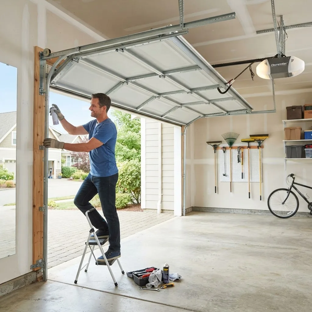 a homeowner performing routine garage door maintenance, lubricating moving parts, with basic tools visible, shot from the side showing the