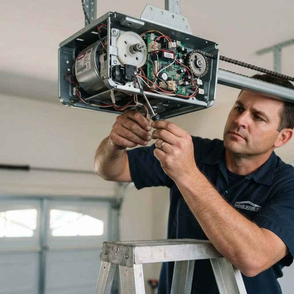 a close-up, well-lit photo of a garage door technician repairing a garage door opener motor, focusing on hands working with tools inside