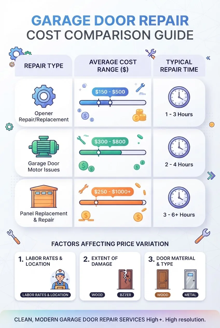 a comparison table with three columns: Repair Type (Opener, Motor, Panel), Average Cost Range (with dollar figures), and Typical Repair
