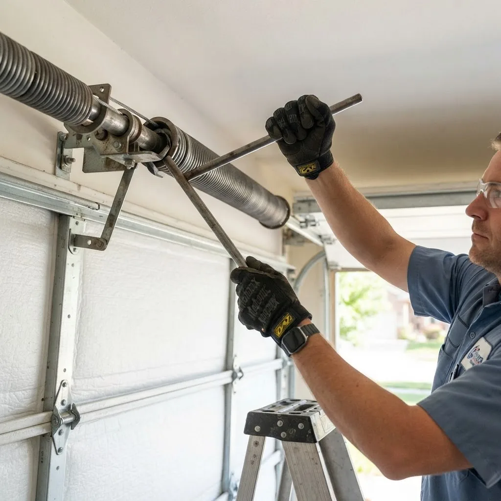 a technician’s gloved hands using winding bars to adjust a torsion spring mounted above a residential garage door, bright daytime setting,
