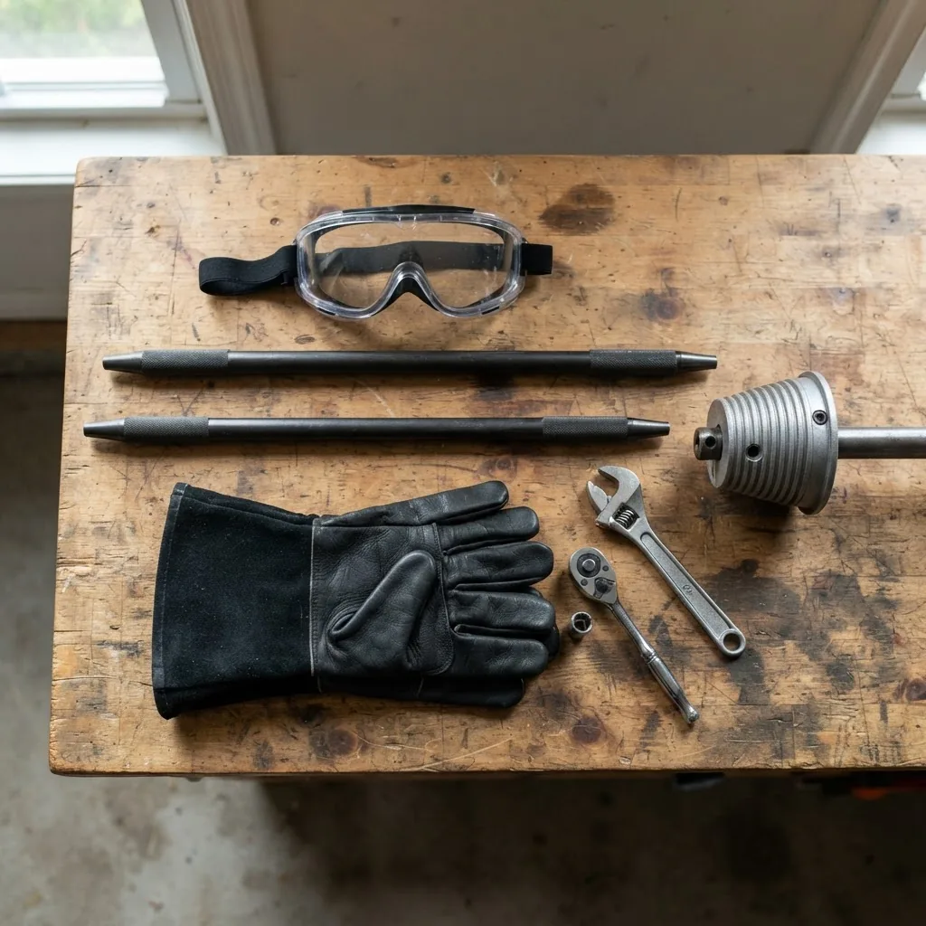 a set of garage door spring adjustment tools laid out on a wooden workbench, including winding bars, safety gloves, eye protection goggles,