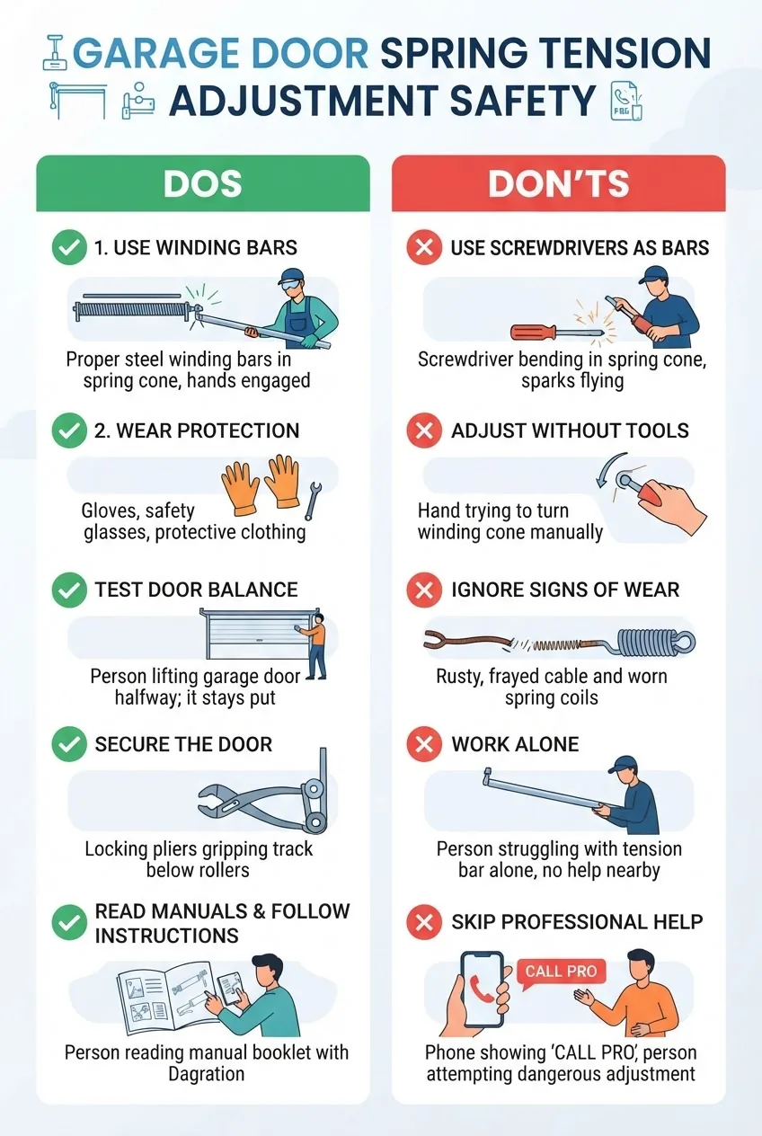 with two columns labeled “Dos” and “Don’ts” for garage door spring tension adjustment safety, each side featuring 5 illustrated bullet