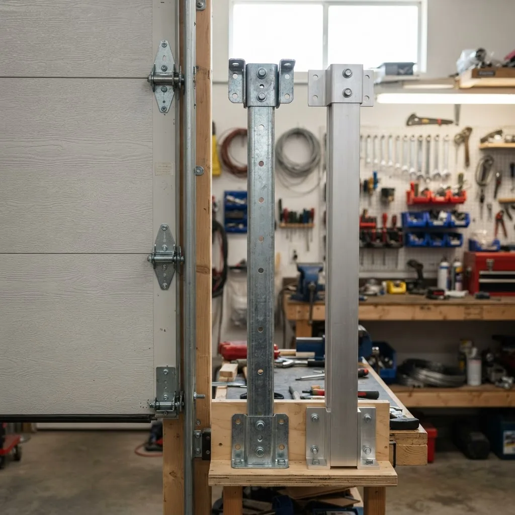 two types of garage door struts: one steel with mounting brackets and one aluminum, both positioned next to a garage door panel, well-lit