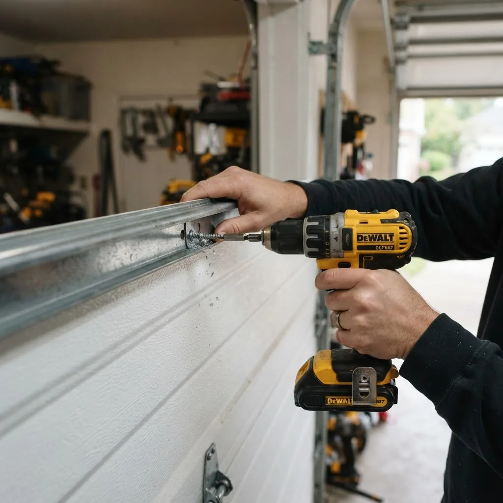Close-up photo of a person using a cordless drill to fasten a metal garage door strut to a sectional garage door panel, natural daylight