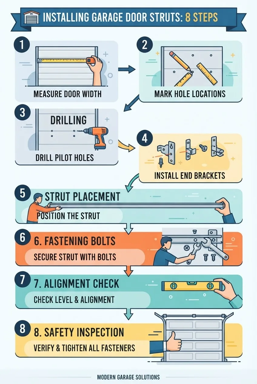 A vertical infographic illustrating 8 sequential installation steps for garage door struts: measuring, marking, drilling, mounting
