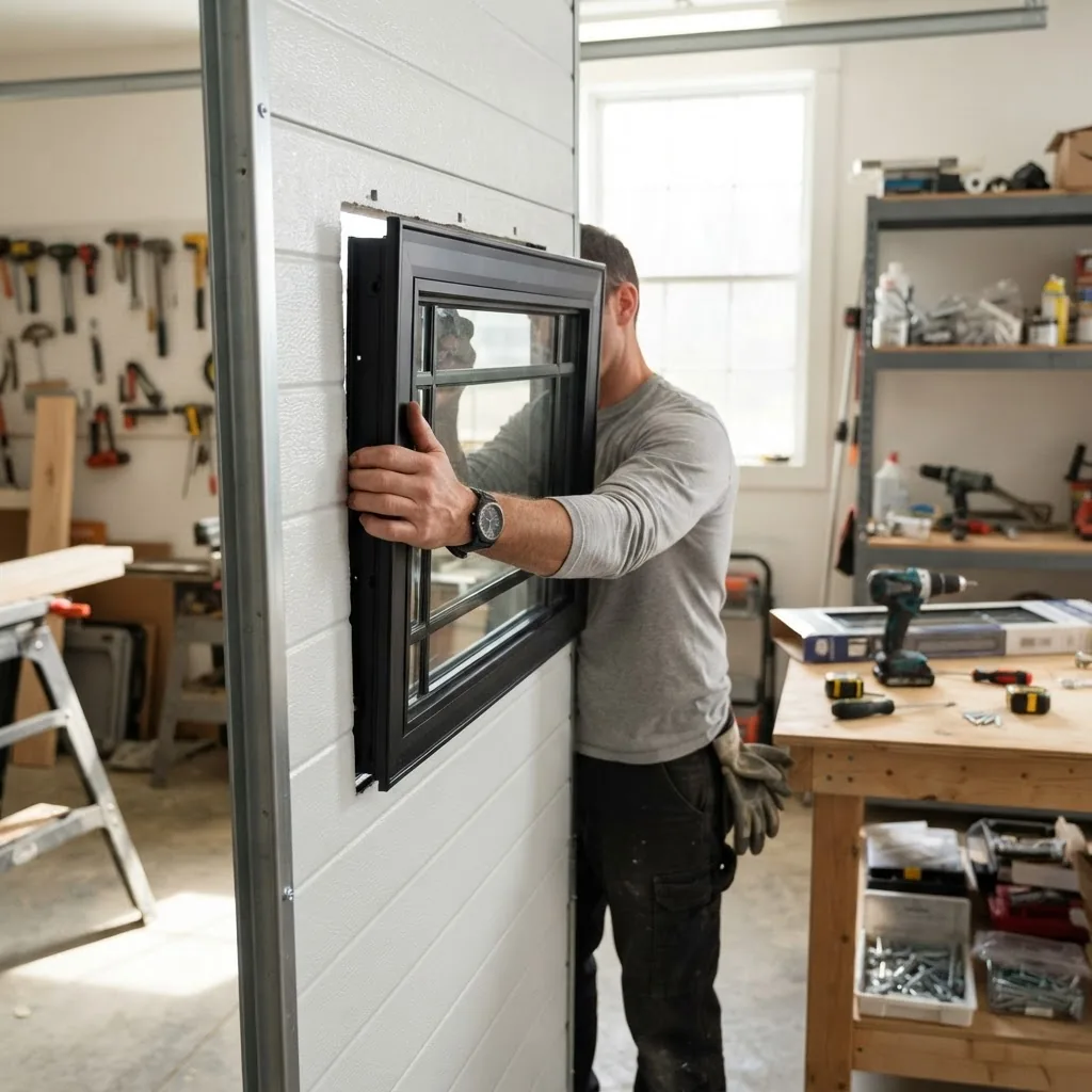 Image showing a person fitting a garage door window insert kit into a metal garage door panel, partly installed, workshop setting with