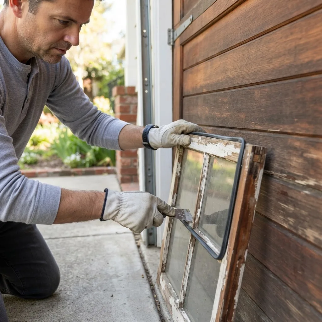 a homeowner using hand tools to remove a garage door window pane, daylight showing wooden garage door panels, focus on hands and window