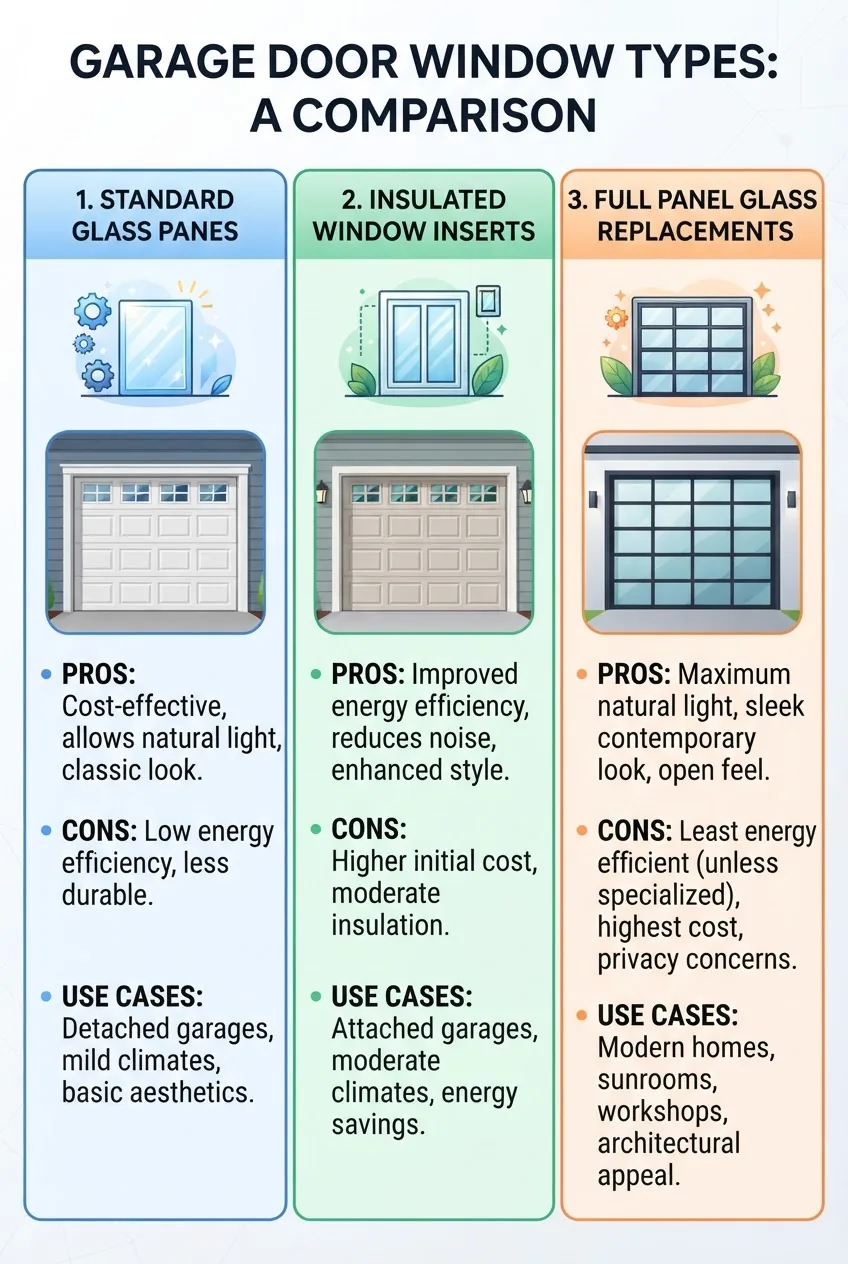 features a three-column comparison of garage door windows types: standard glass panes, insulated window inserts, and full panel glass
