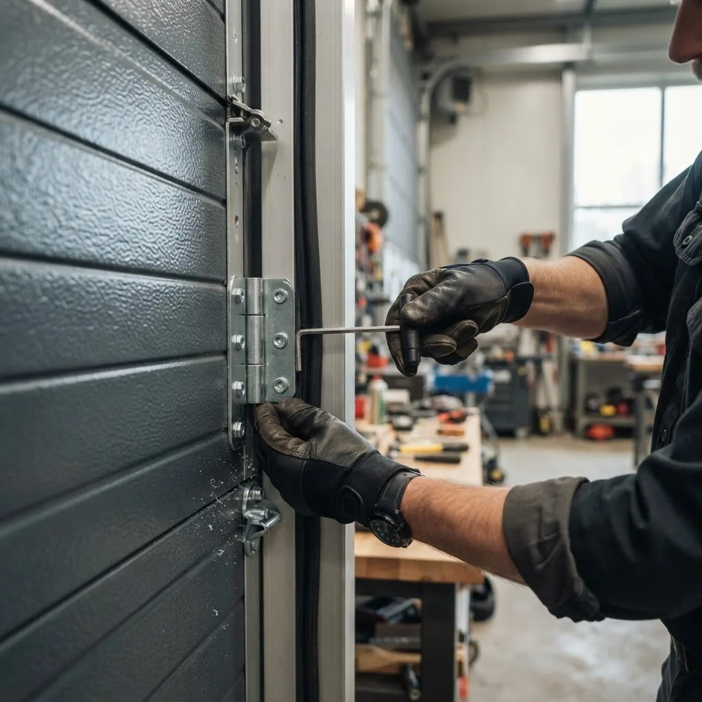 Close-up photo of a professional installing a pedestrian door into a sectional garage door, focusing on hands using tools to adjust hinges