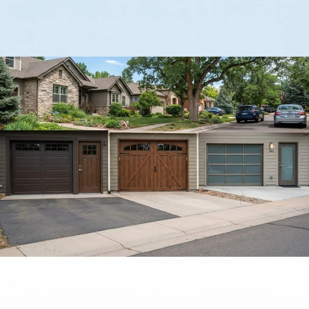High-resolution photo of various garage doors with integrated pedestrian doors, showing side entry doors, built-in man doors, and roll-up