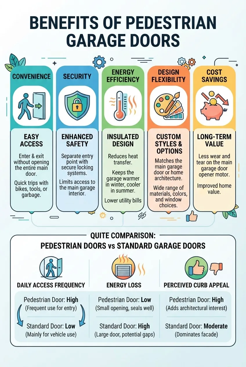is split into five sections, each with an icon and brief text explaining benefits of pedestrian garage doors: convenience (icon: walking