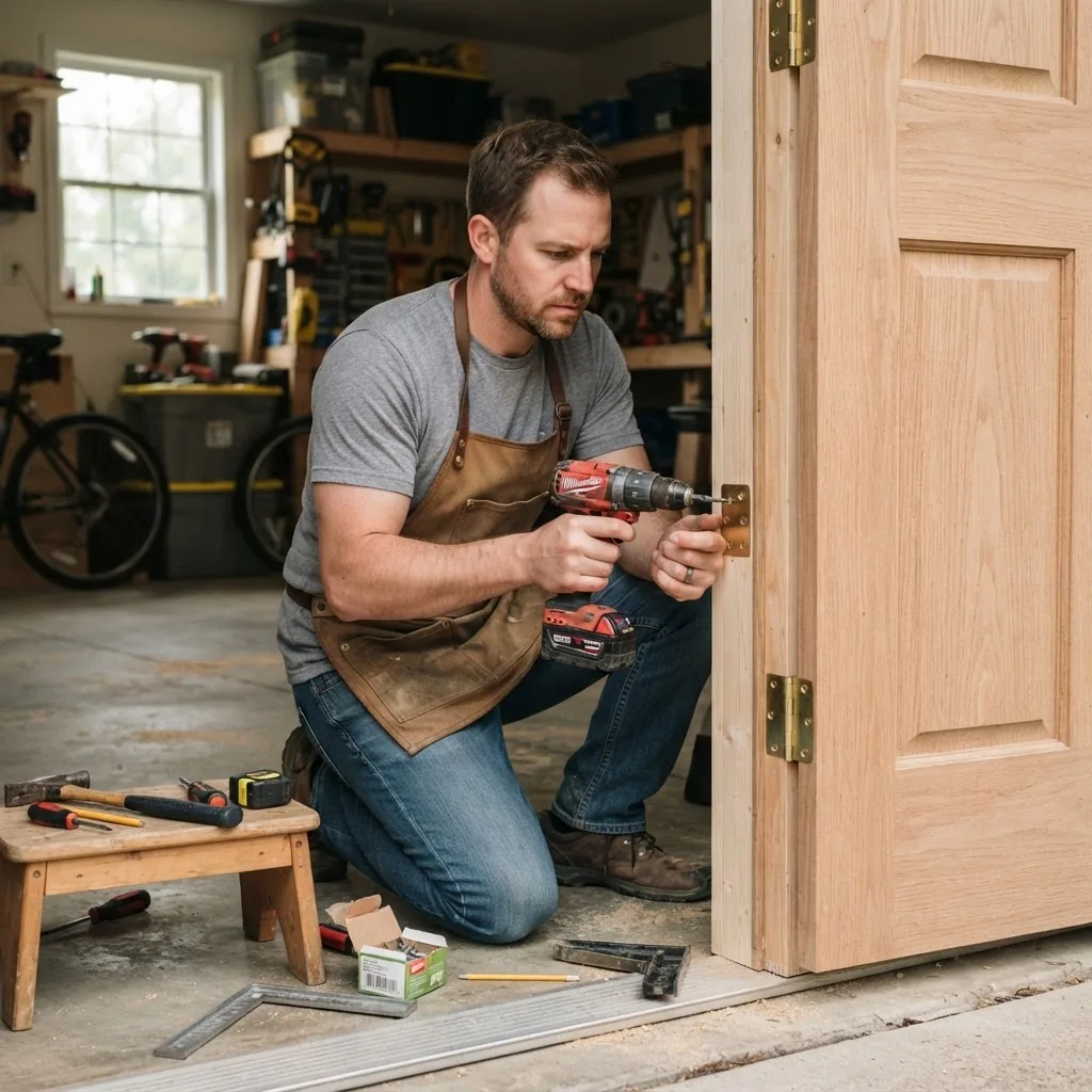 a person using a power drill to fasten garage side door hinges, tools and partially installed wooden door frame visible, taken in natural
