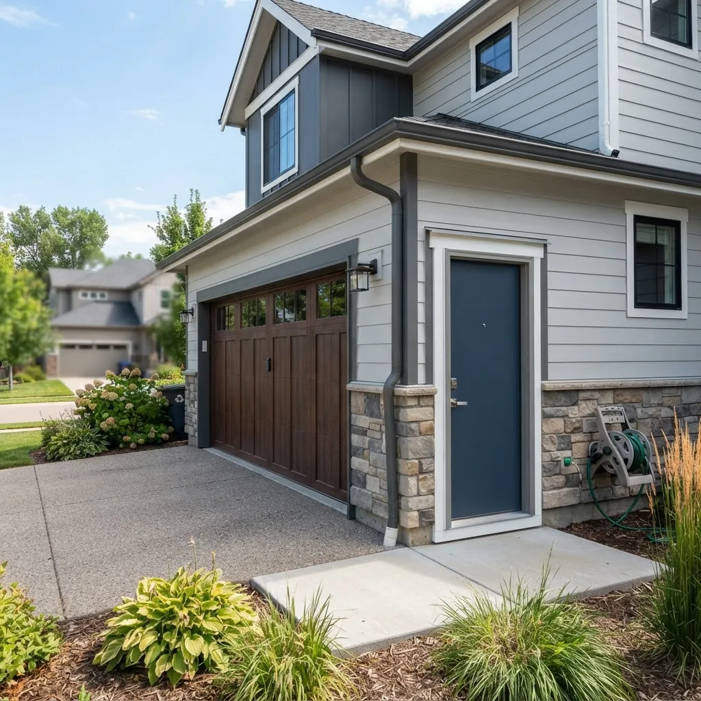 a modern house showing a clearly visible garage side entry door next to the main garage door, highlighting door frame, hardware, and