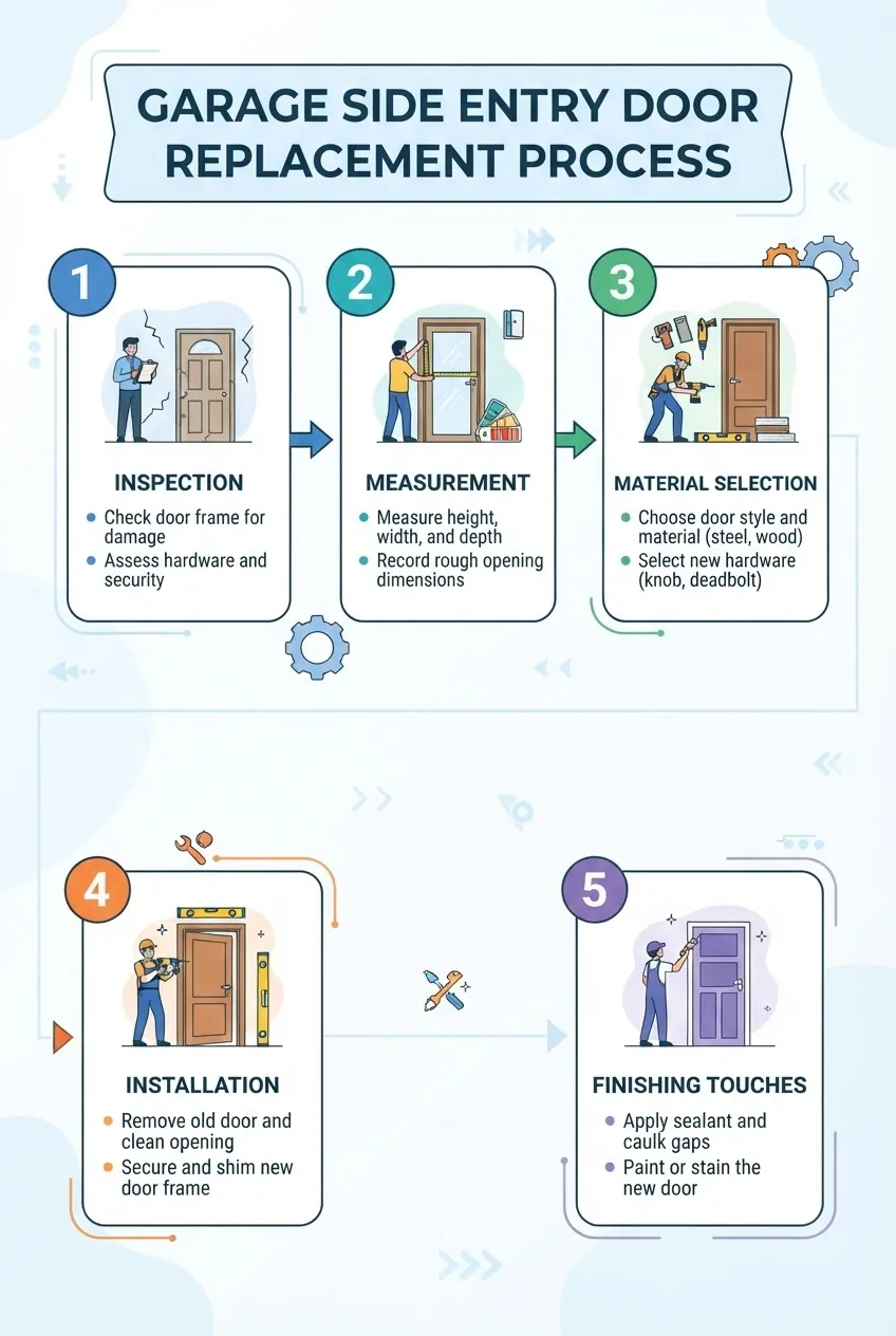 A clean, step-by-step infographic illustrating the garage side entry door replacement process in five stages, with icons representing