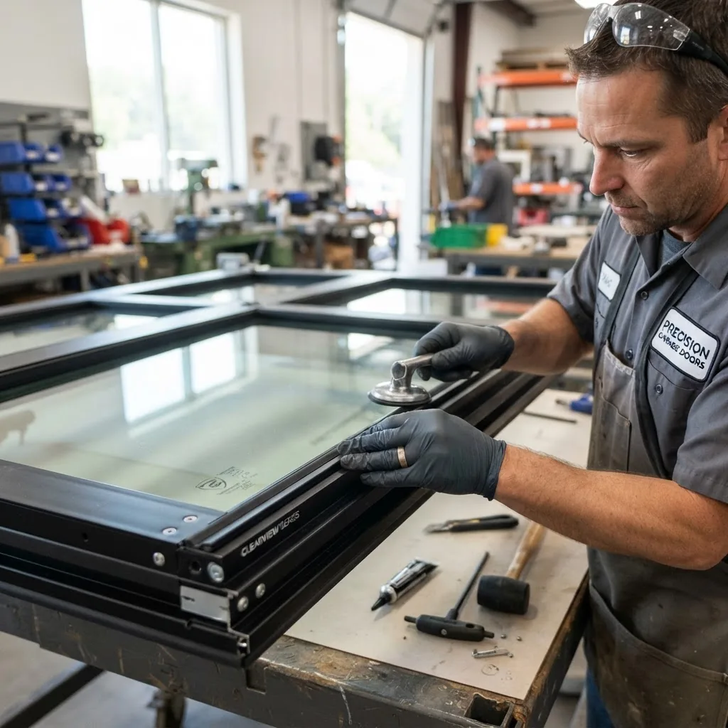 a professional installing tempered glass panels into an aluminum framed garage door, small tools visible, in a bright workshop environment