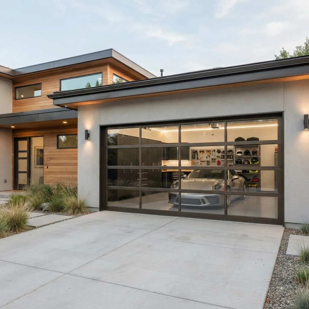 modern residential garage featuring a sleek full view glass garage door with aluminum framing, photographed in daytime with natural soft