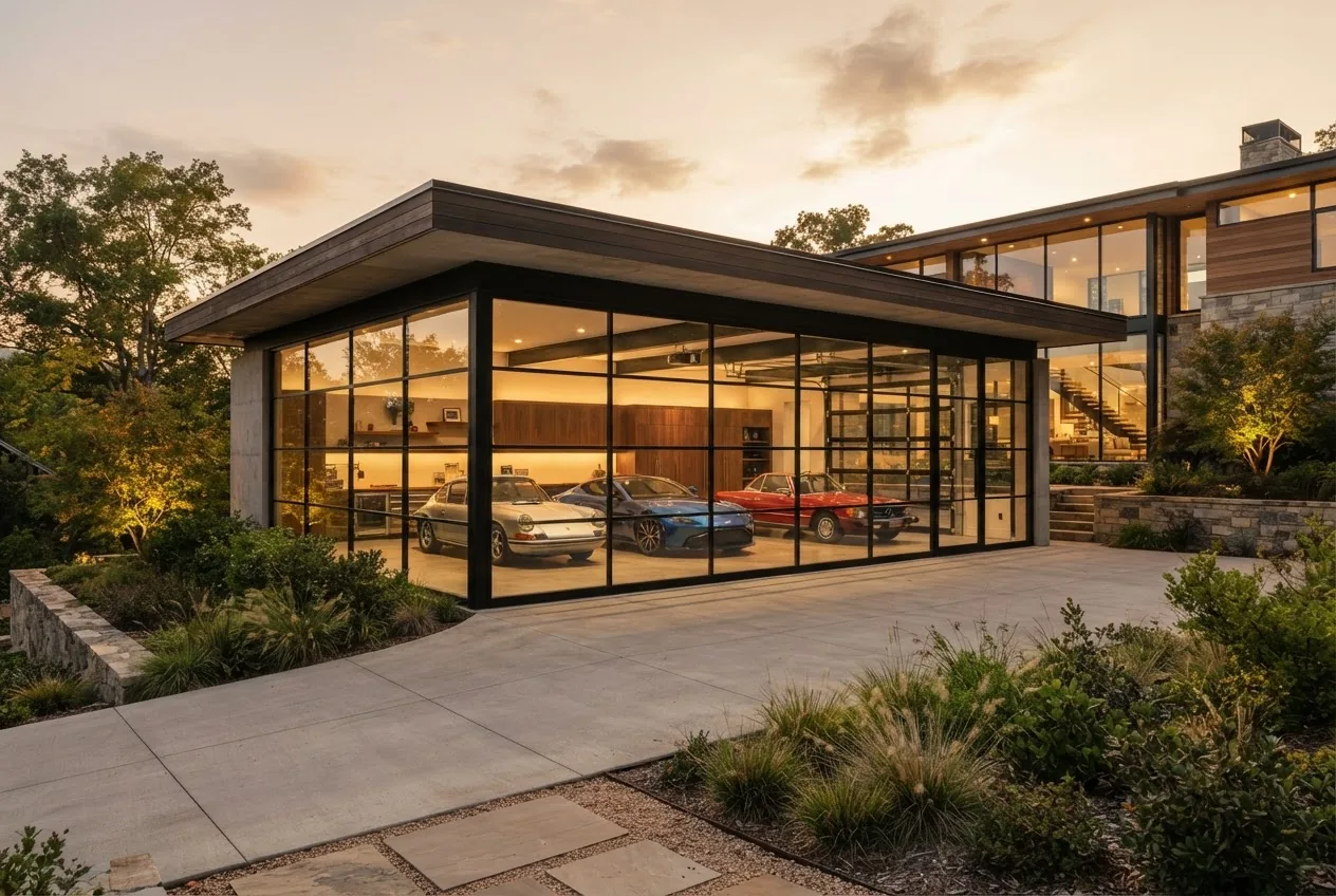 modern residential garage with full glass walls showcasing a seamless blend of indoor and outdoor spaces, shot at golden hour with warm