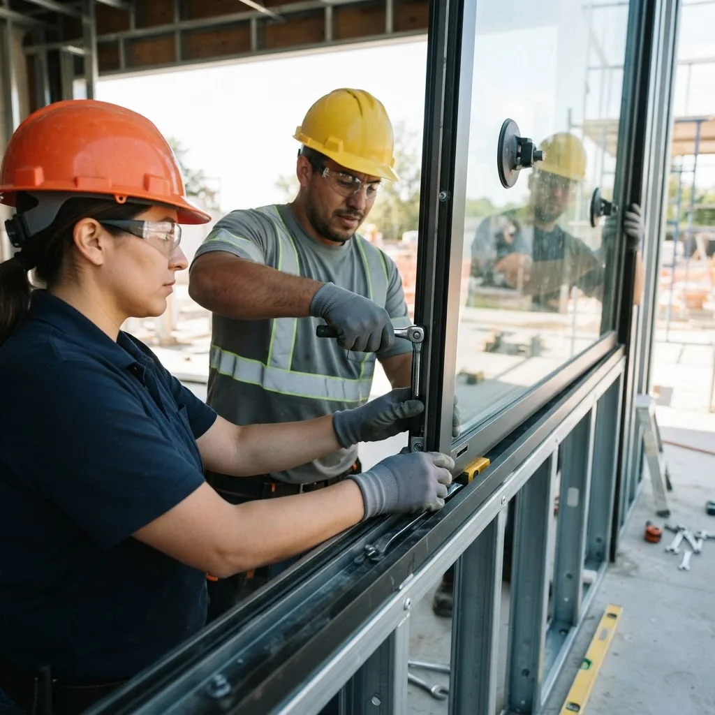 professionals installing tempered glass panels on a garage wall frame, with visible safety gear and structural framing details, bright