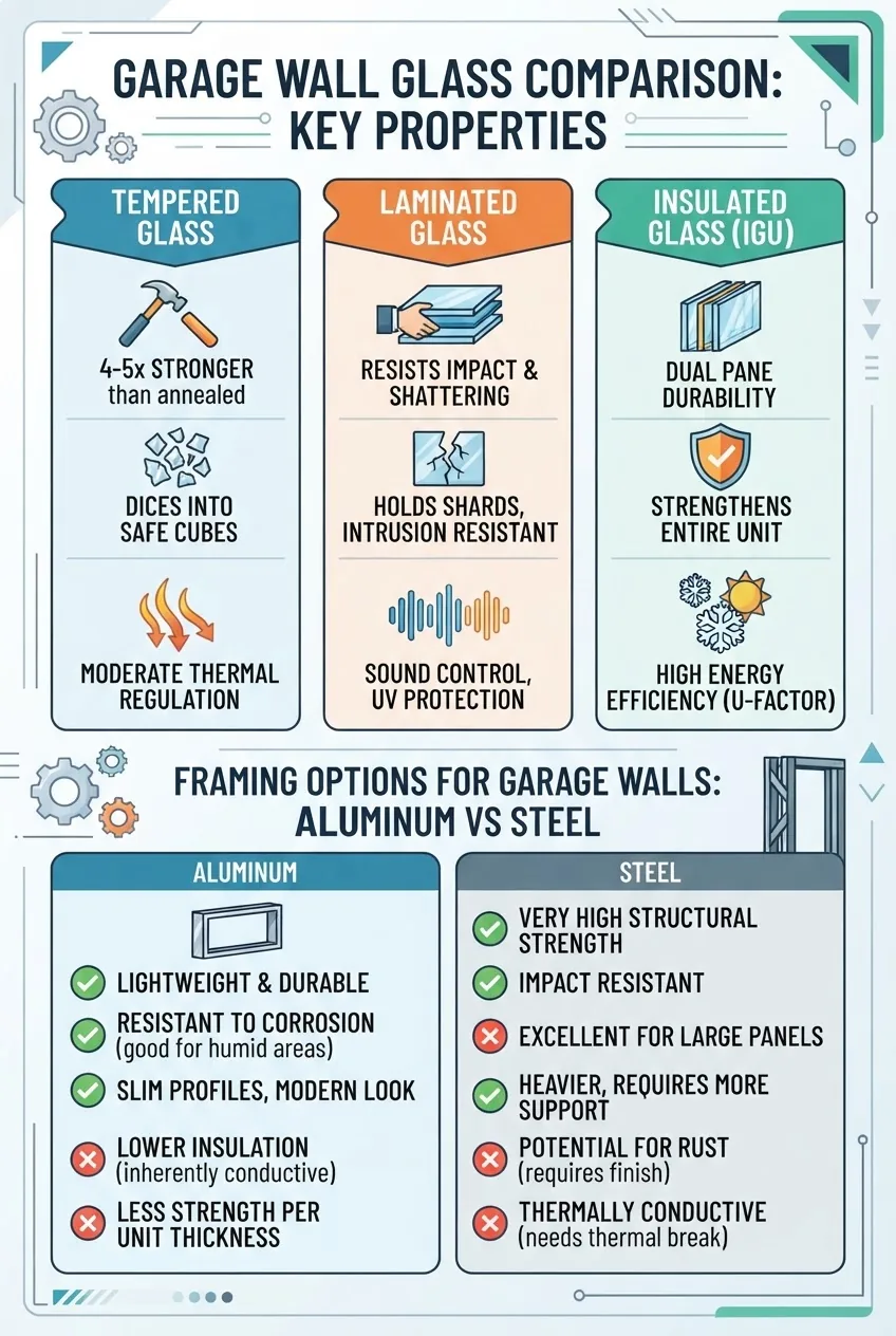 A three-column infographic comparing tempered, laminated, and insulated glass for garage walls, each column includes an icon representing