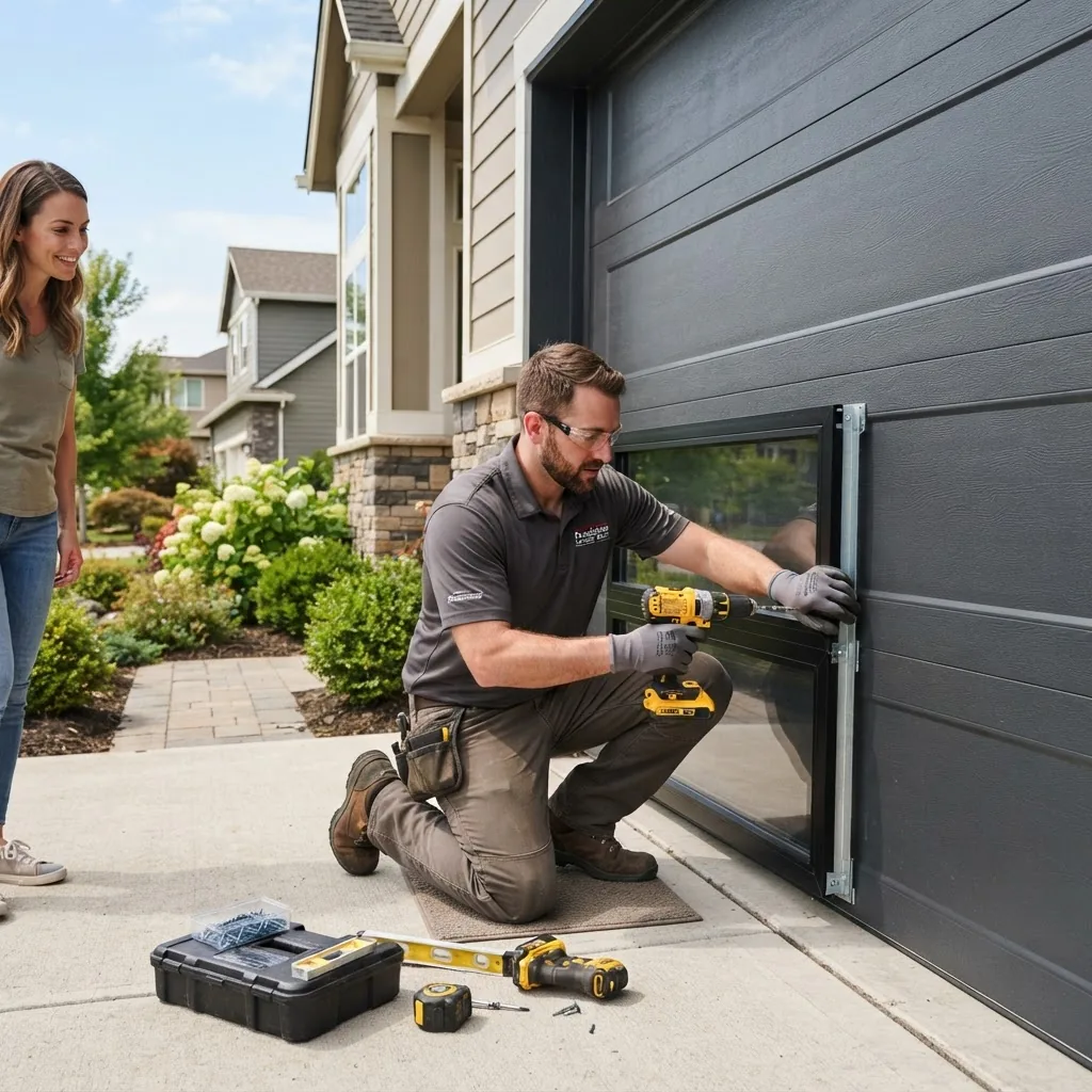 a homeowner or professional installer using a cordless drill and tools to fit an operable glass window panel into a sectional garage door