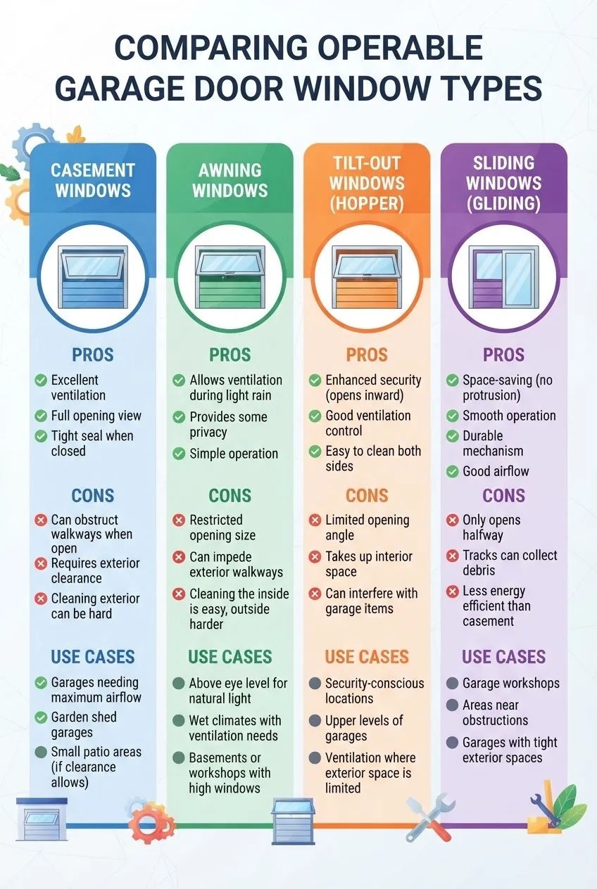 compares four types of operable garage door windows: casement, awning, tilt-out, and sliding; arranged in columns with a simple icon of