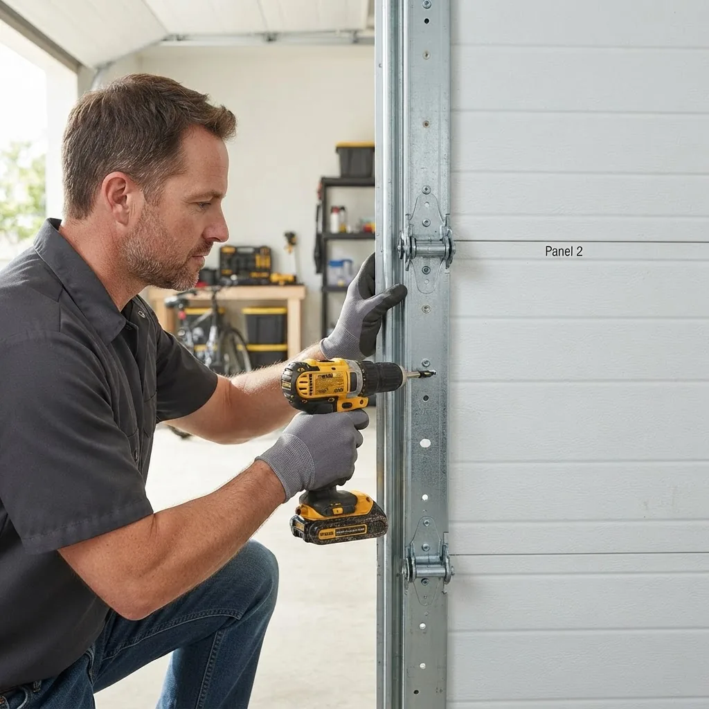 a person wearing safety gloves and using a cordless drill to unscrew a metal garage door panel from the frame, bright natural daylight,
