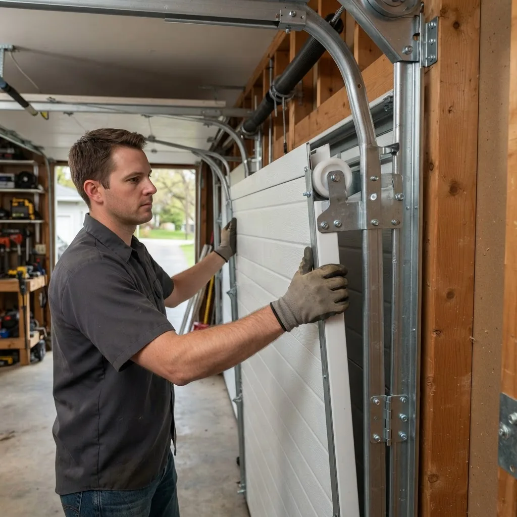 a person carefully lifting and placing a new insulated garage door panel into track rails, with visible hardware like rollers and brackets,
