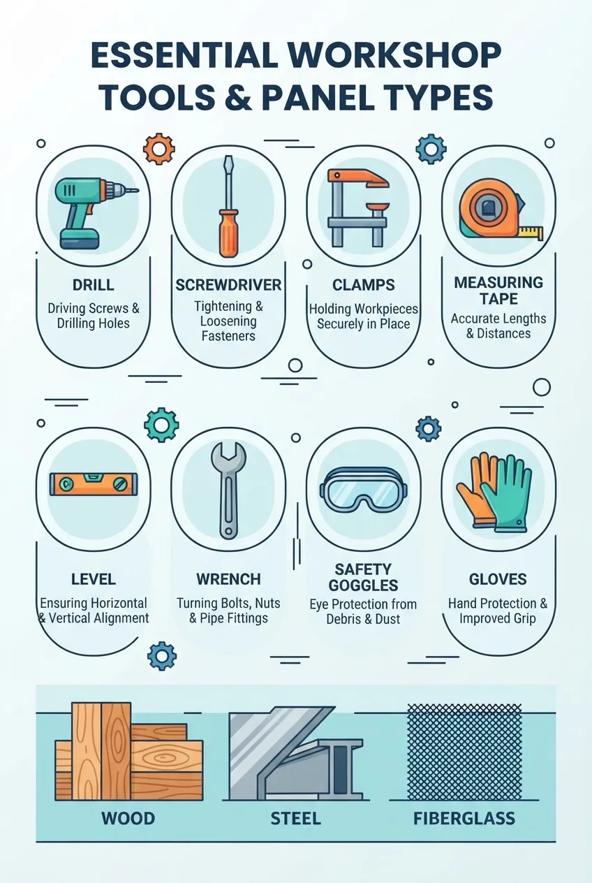 with a horizontal layout featuring 8 illustrated tool icons (drill, screwdriver, clamps, measuring tape, level, wrench, safety goggles,