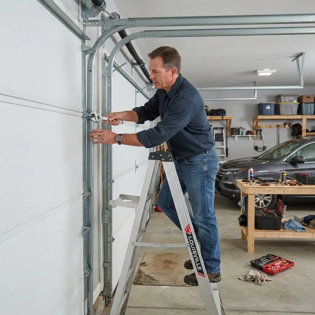 A high-resolution photo taken from the side angle showing a homeowner using a wrench to unbolt garage door hinges, standing on a sturdy