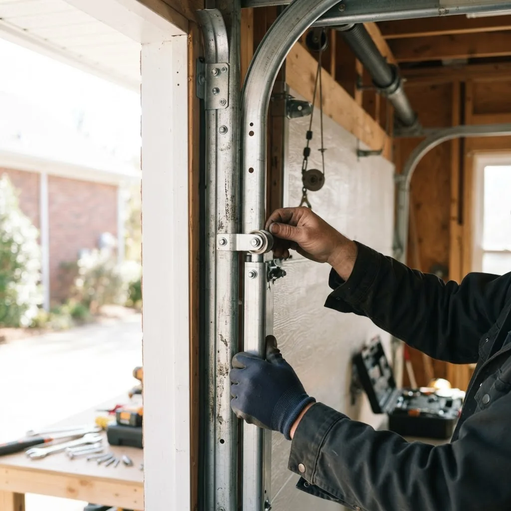 Close-up photo of hands aligning and attaching a garage door panel into place on the track system, bright daylight streaming in, with