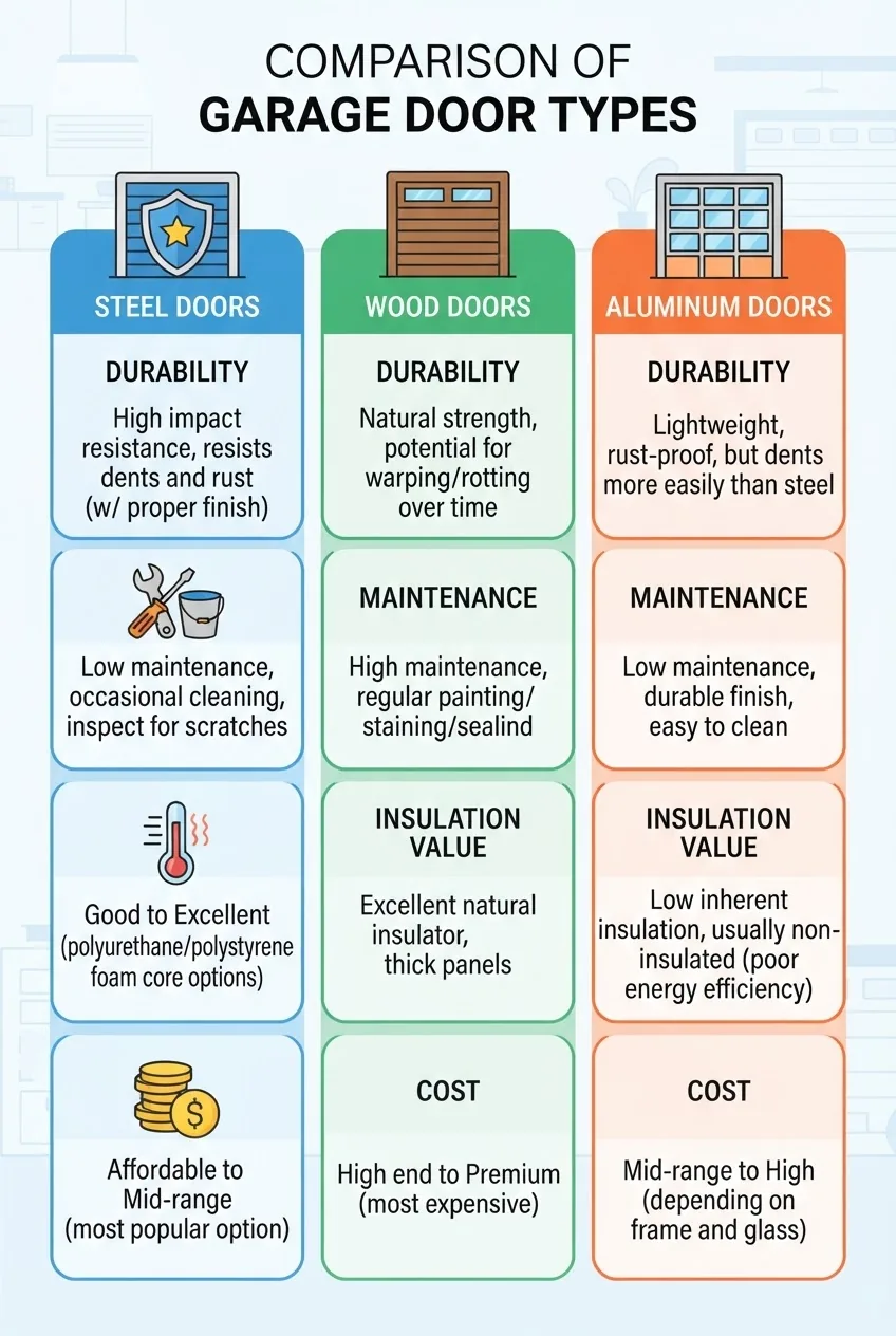 A visually clean infographic with three vertical columns comparing garage door types (steel, wood, aluminum), highlighting factors: