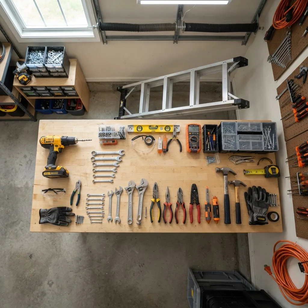 High-resolution photograph of commonly used tools for garage door opener installation arranged neatly on a clean workbench in a well-lit