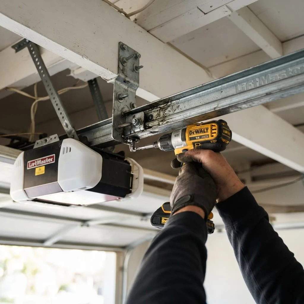 Close-up photo of a person’s hands using a power drill to attach the rail assembly of a LiftMaster garage door opener to the ceiling mount