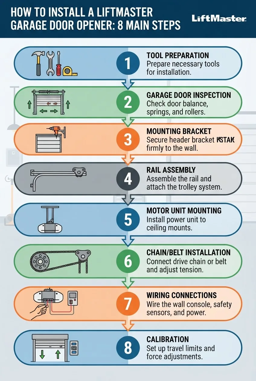 A clean, visually organized infographic illustrating the 8 main steps of installing a LiftMaster garage door opener: tool preparation,