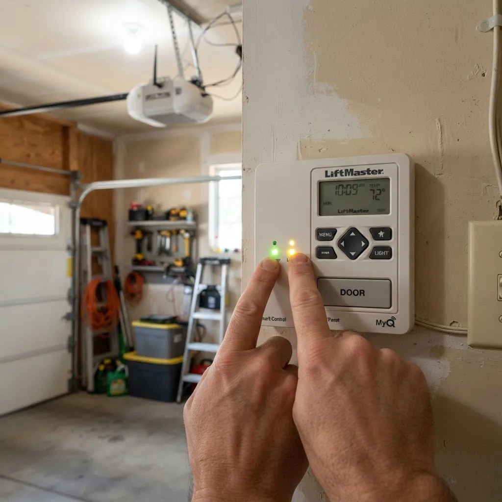 A detailed photo of a LiftMaster garage door opener control panel’s LED indicator lights glowing, with fingers pointing to it, set inside a