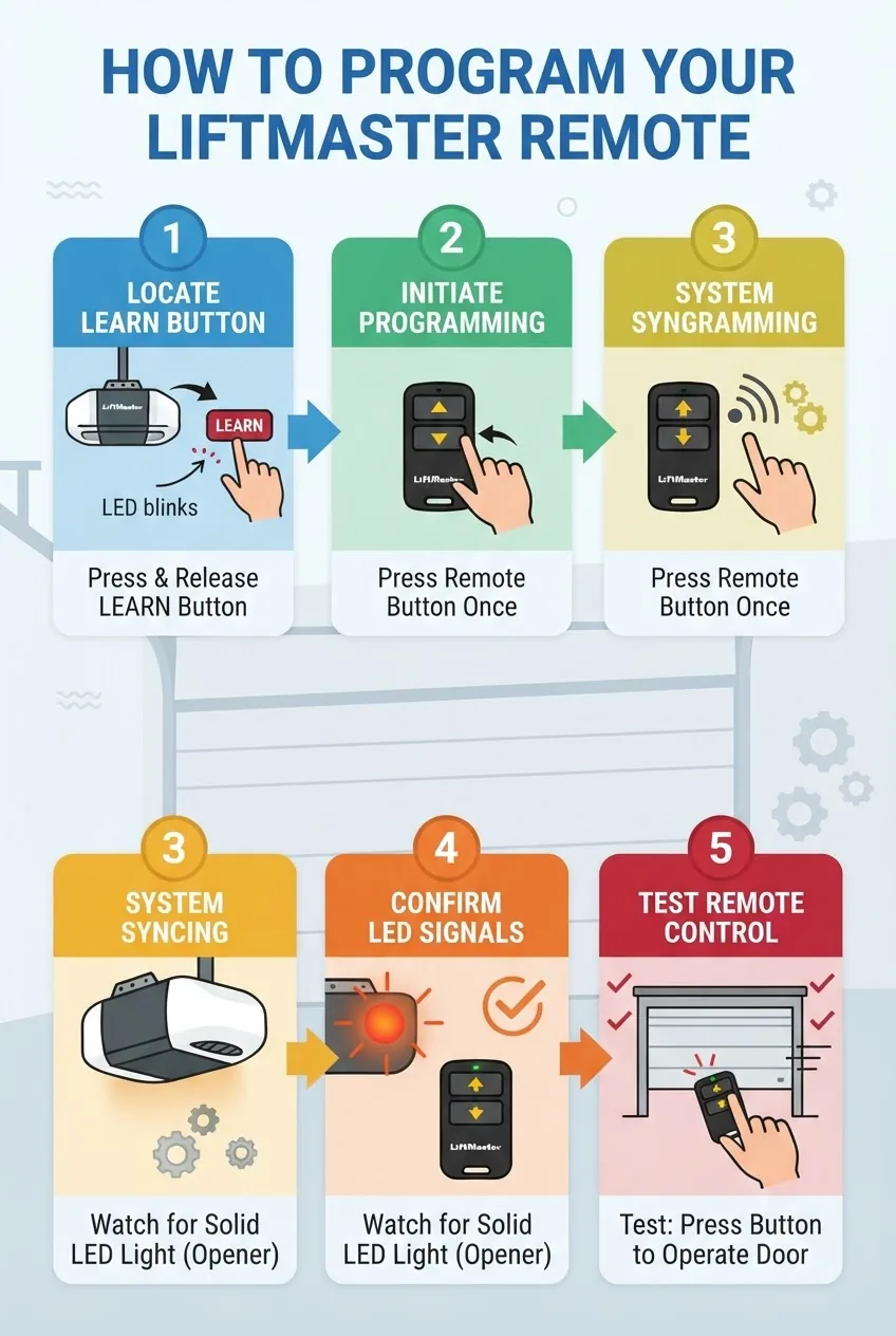 An infographic visually illustrating the programming process for a LiftMaster remote: five sequential numbered steps from locating