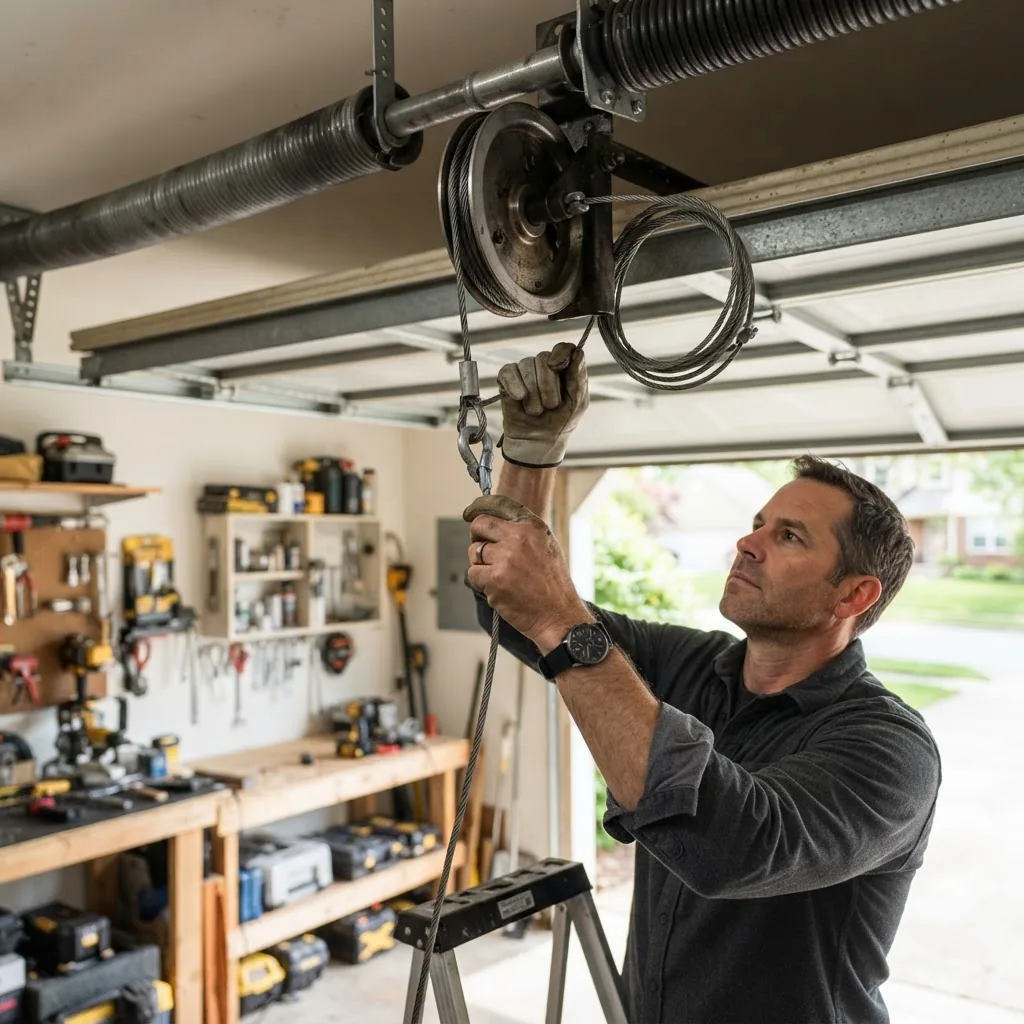 A mid-angle photo of a homeowner replacing a garage door cable on a metal cable drum, showing hands attaching the steel cable to the drum,
