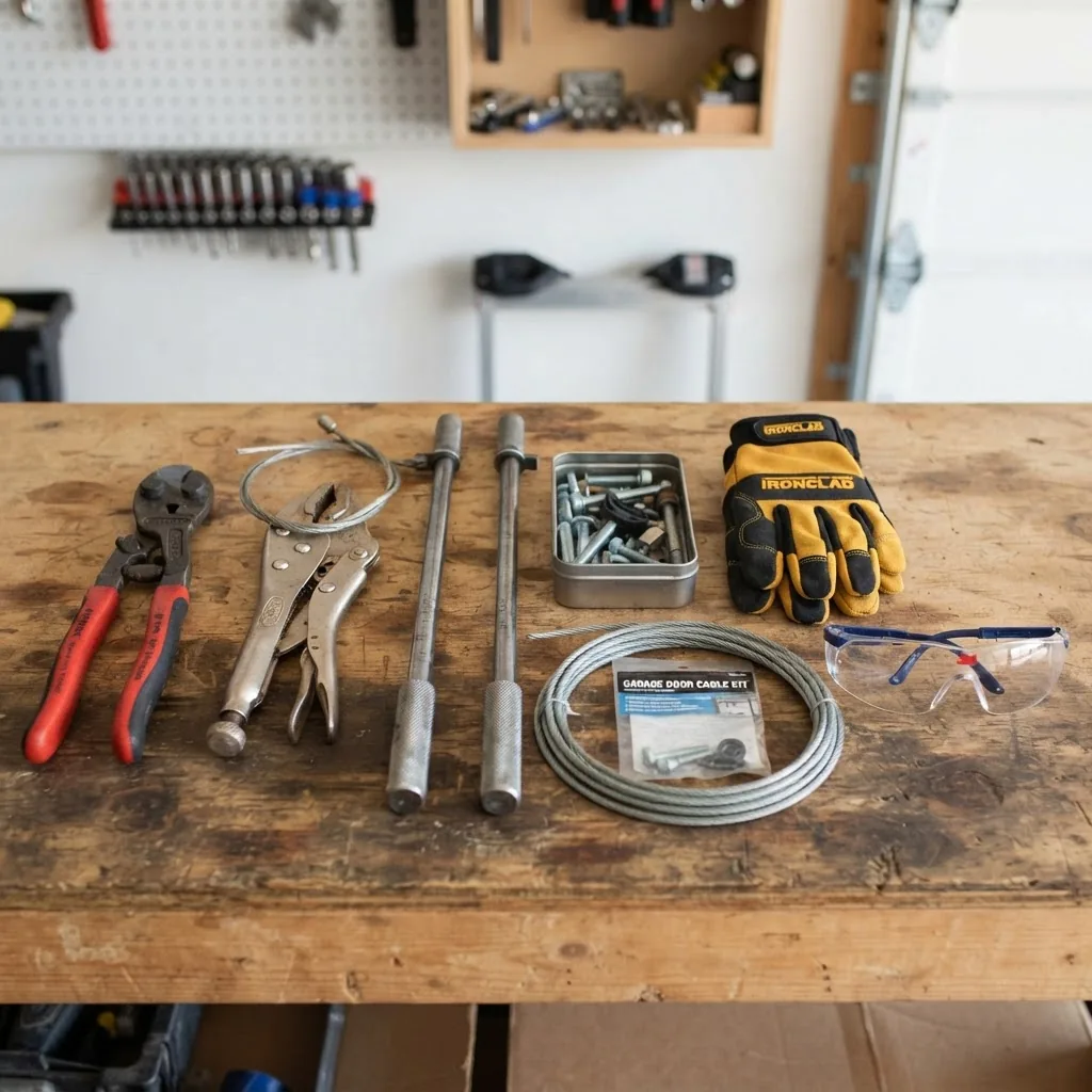 Close-up image of an array of garage door cable repair tools laid neatly on a wooden workbench under bright workshop lighting, featuring