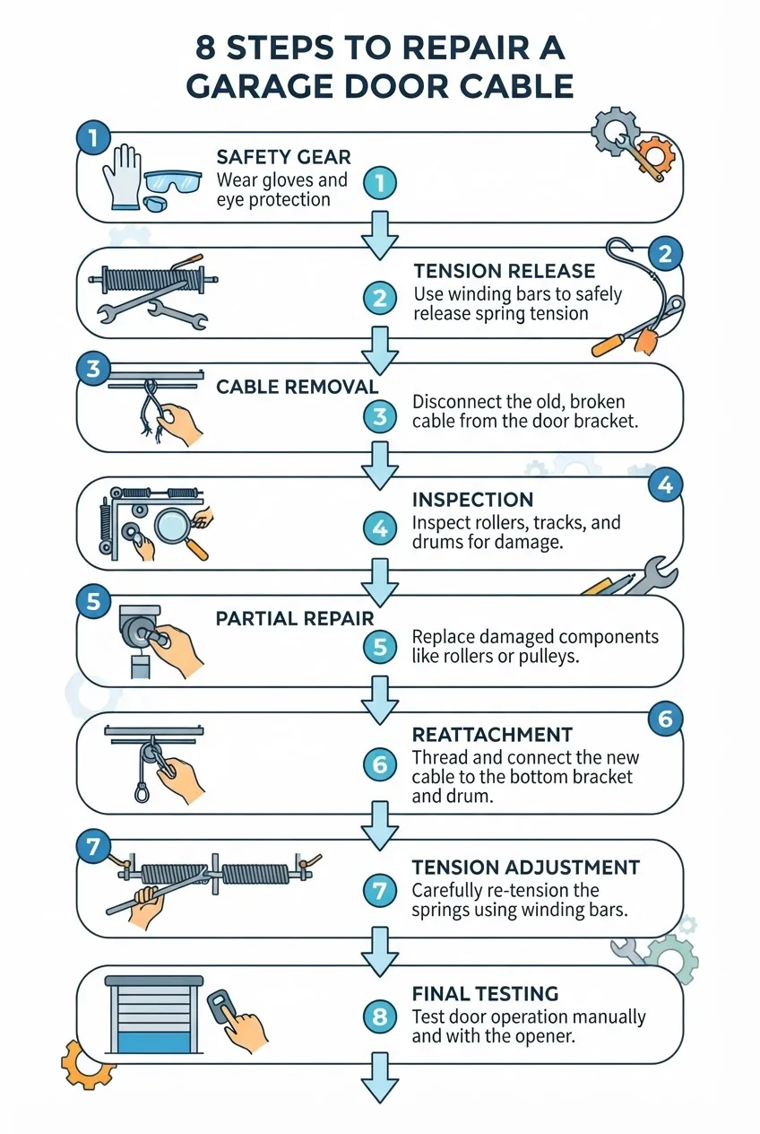 Infographic illustrating 8 sequential steps to repair a garage door cable, each step depicted with a simple icon and concise caption:
