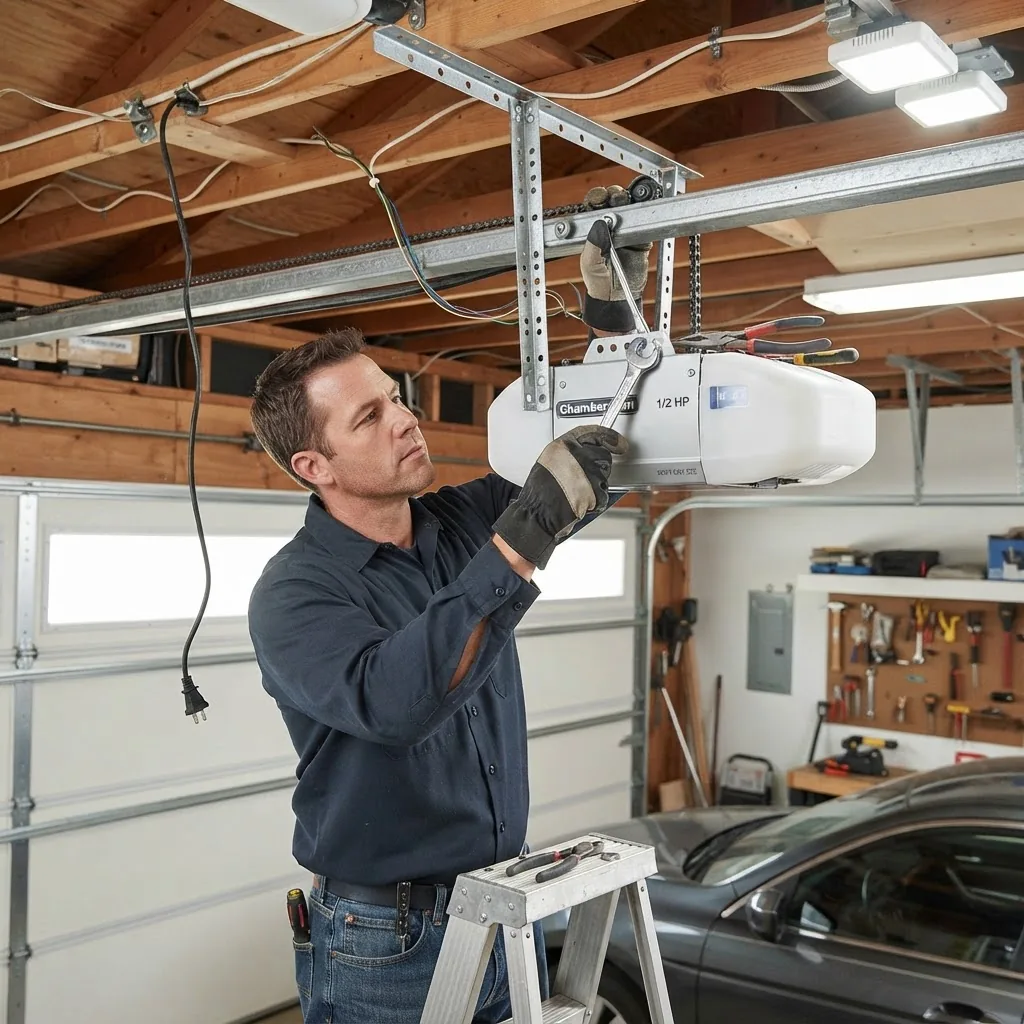 a person using tools to detach a garage door opener motor from the ceiling-mounted rail system in a residential garage; bright, well-lit,