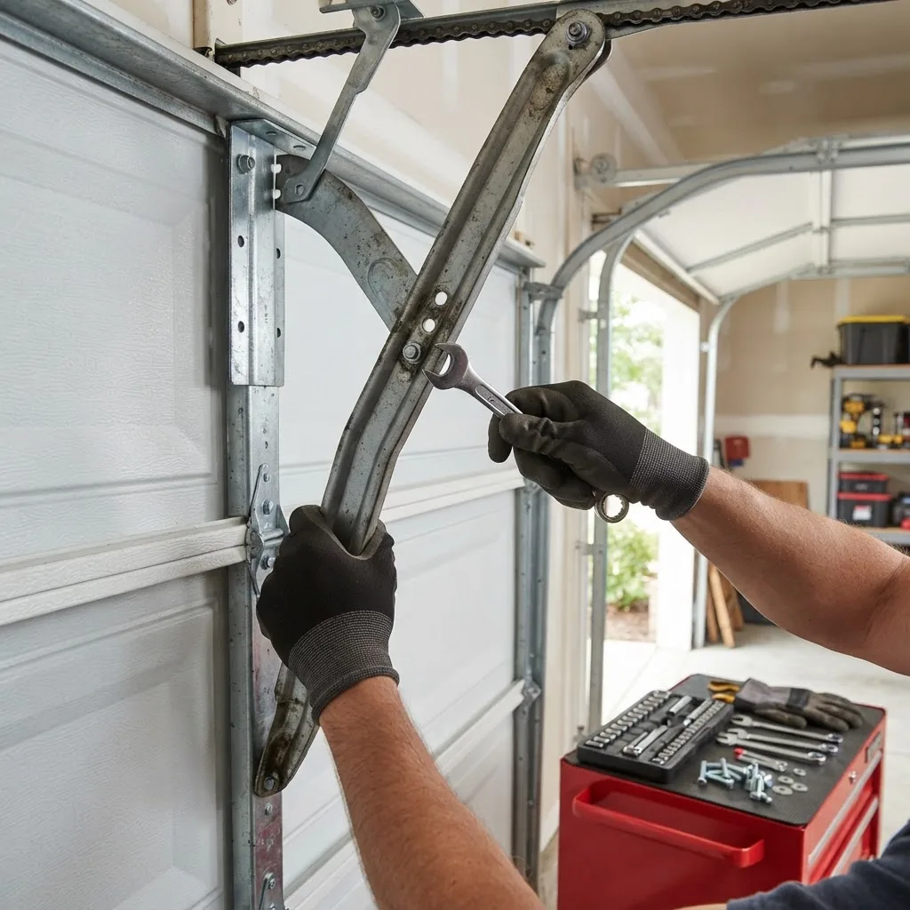 capturing hands attaching a garage door opener arm to the door bracket, with tools and hardware visible; natural lighting highlighting the