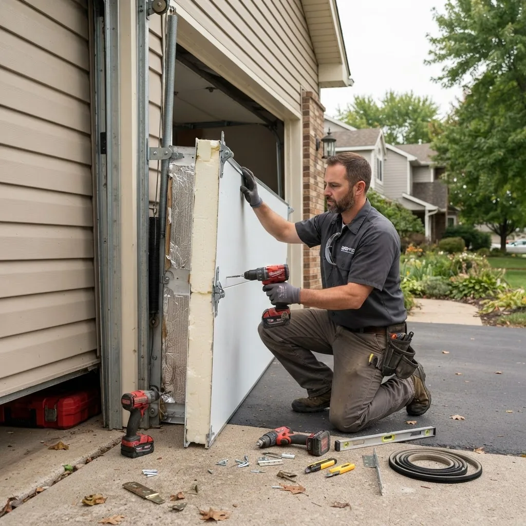 a technician replacing an insulated garage door panel on a residential garage with clear visibility of insulation layers and tools used,