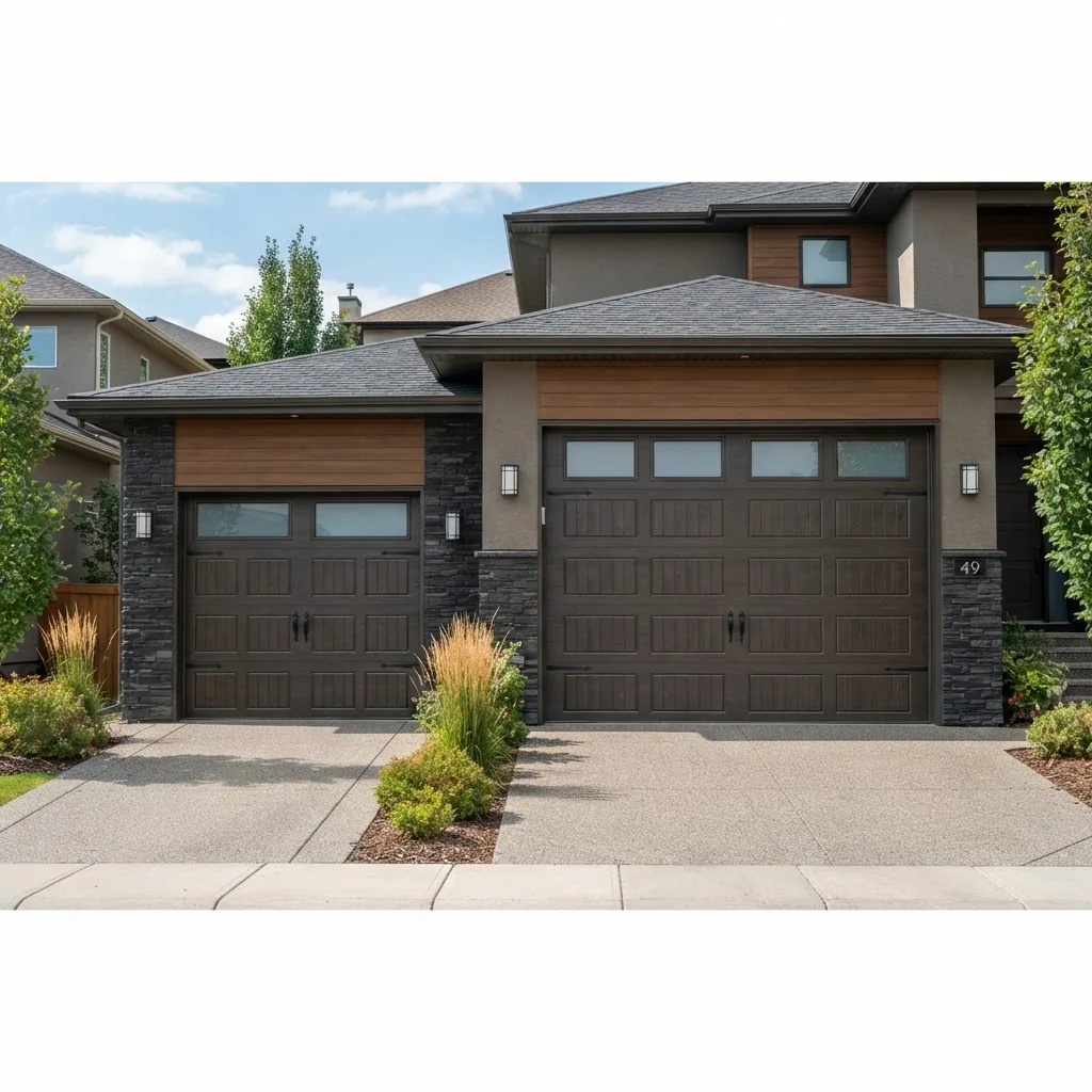 a 10x10 insulated garage door and a 12x12 insulated garage door side-by-side on modern suburban homes, shot in daylight with natural
