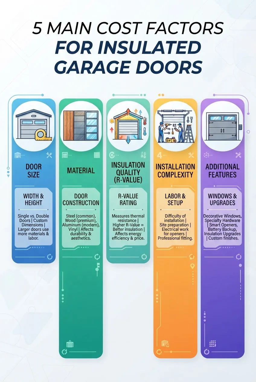shows 5 main cost factors for insulated garage doors: door size, material, insulation quality (R-value), installation complexity, and