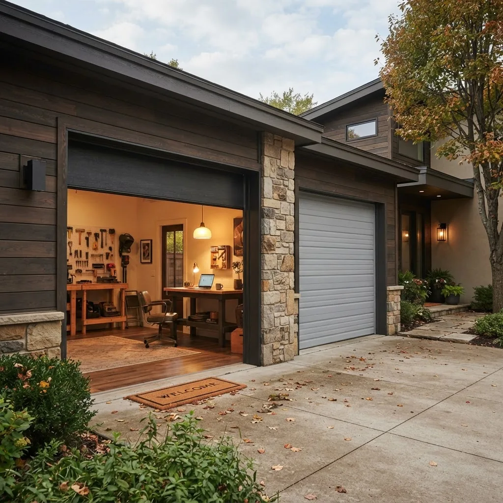 Modern garage with an insulated garage door open showing warm interior light and cozy setting contrasting an adjacent uninsulated garage