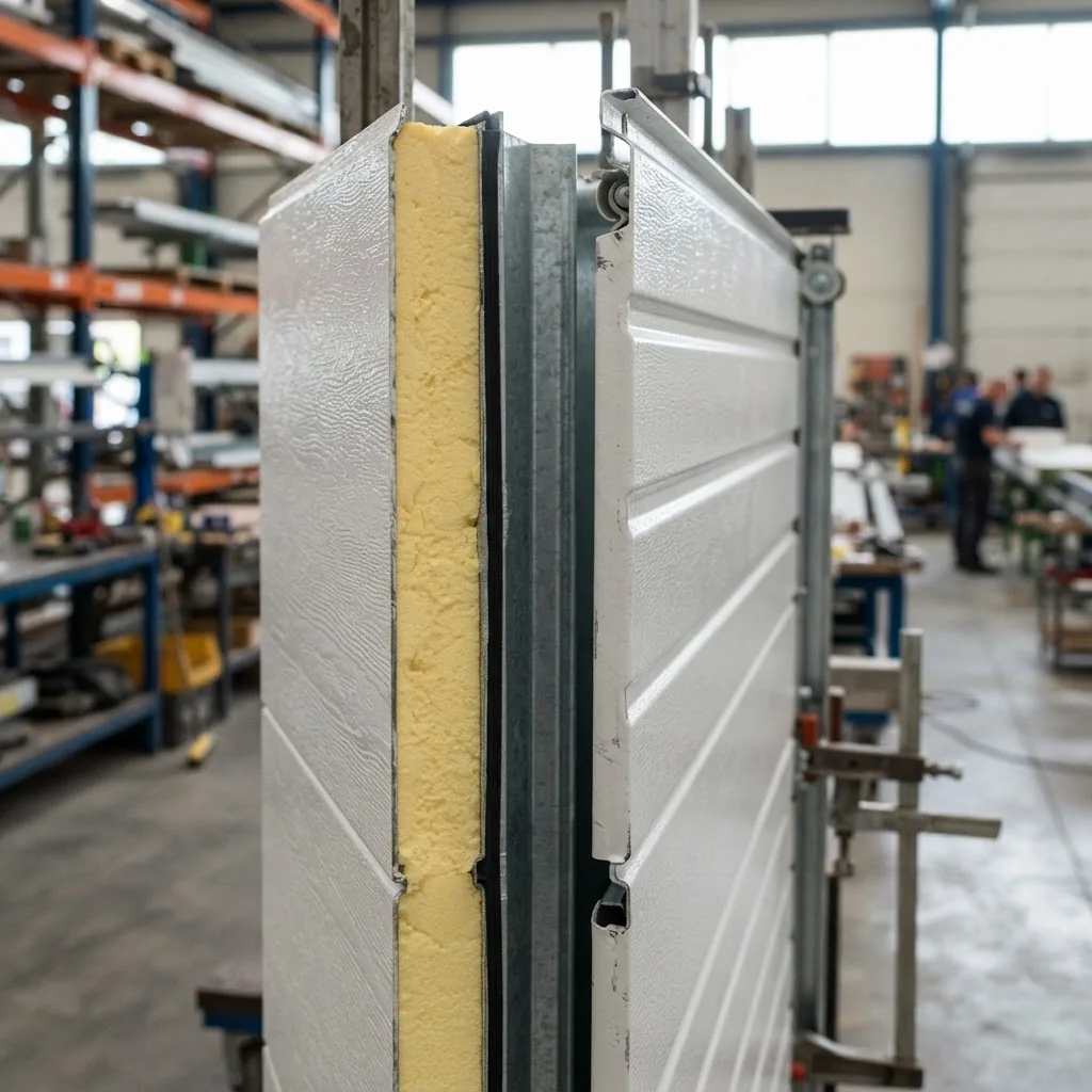 Close-up side view of two garage door panels side-by-side, one showing core insulation layers (polyurethane or polystyrene) exposed, the