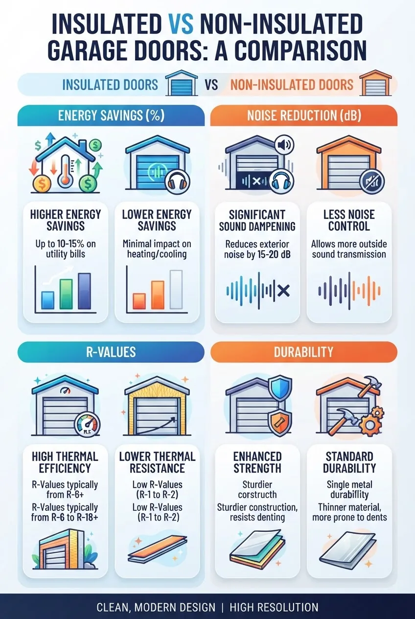 is a horizontal infographic divided into four sections comparing insulated vs non-insulated garage doors: 1) Energy savings (%), 2) Noise