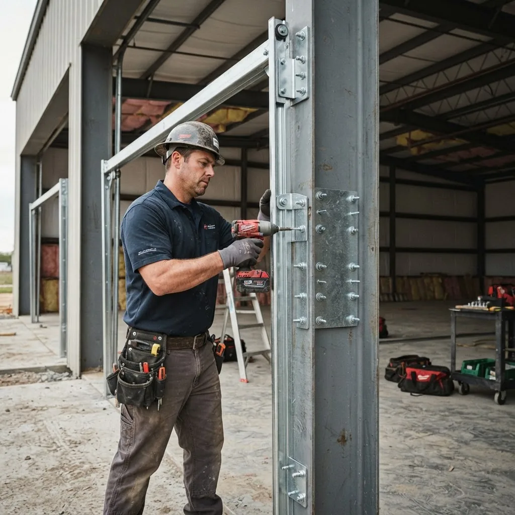 A professional installer using tools to fit a metal garage door frame onto a steel building structure, taken from side angle with natural