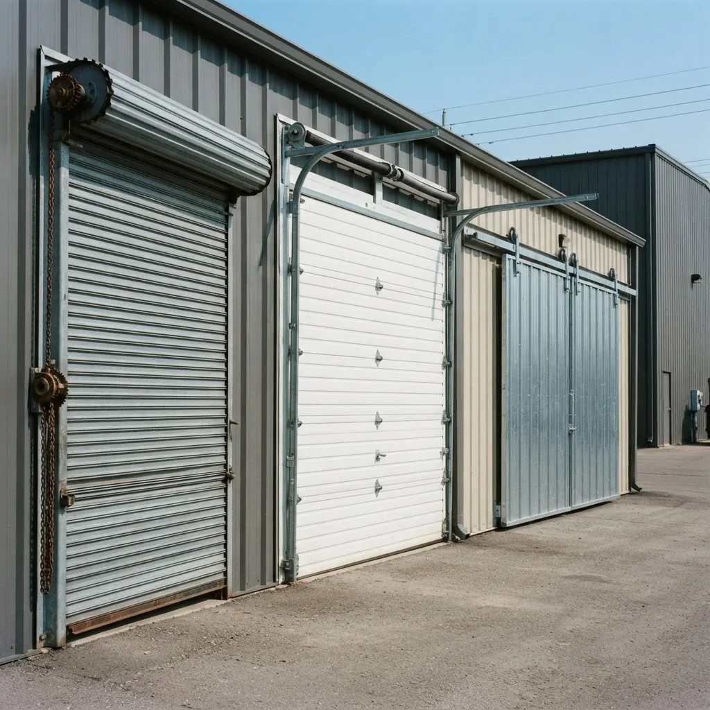 Close-up shot of three different metal garage doors (roll-up, sectional, sliding) installed on steel commercial buildings under bright