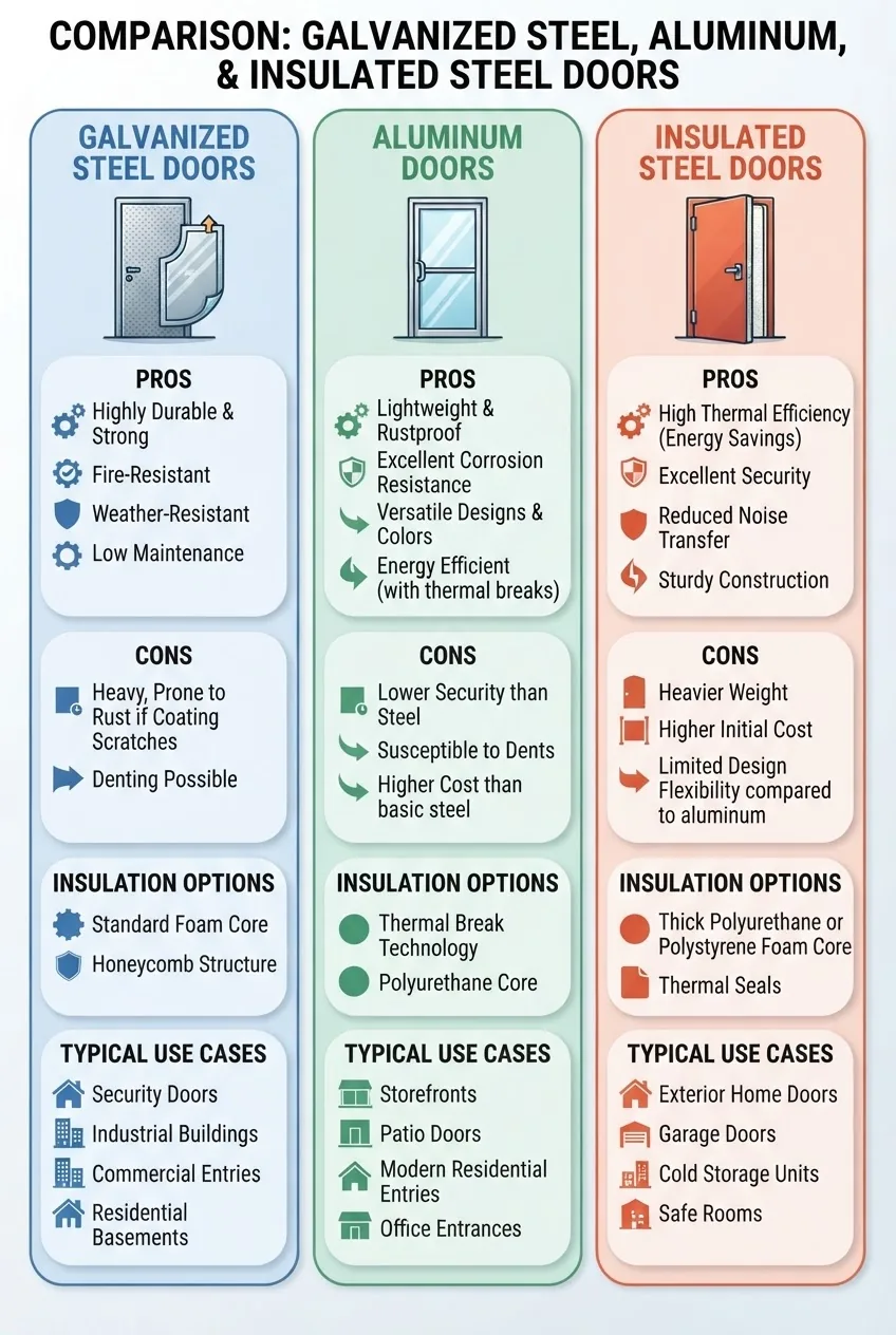 A three-column infographic comparing galvanized steel, aluminum, and insulated steel doors; each column features an icon for material, a